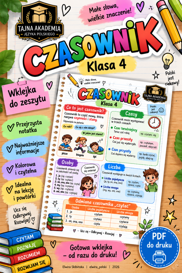 Czasownik – wklejka do zeszytu | Klasa 4 | Tajna Akademia Języka Polskiego | PDF