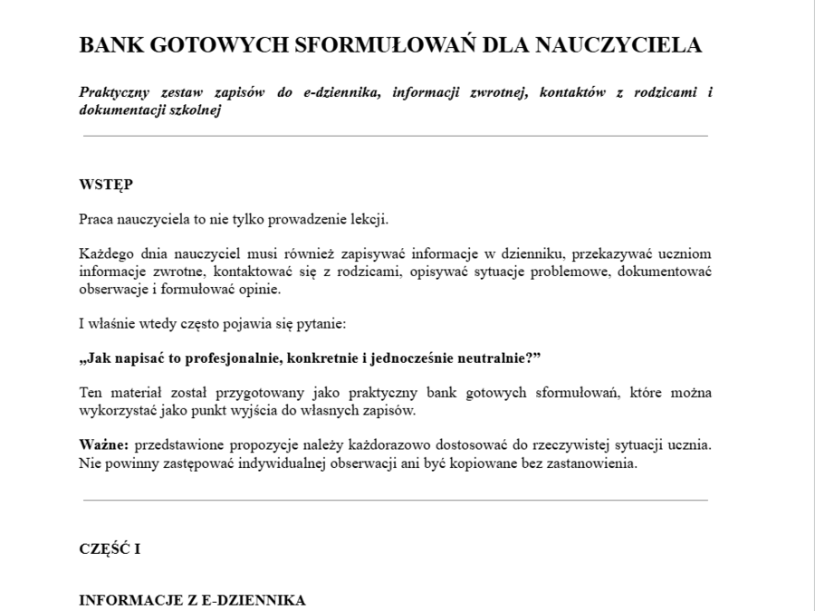 Bank gotowych sformułowań dla nauczyciela