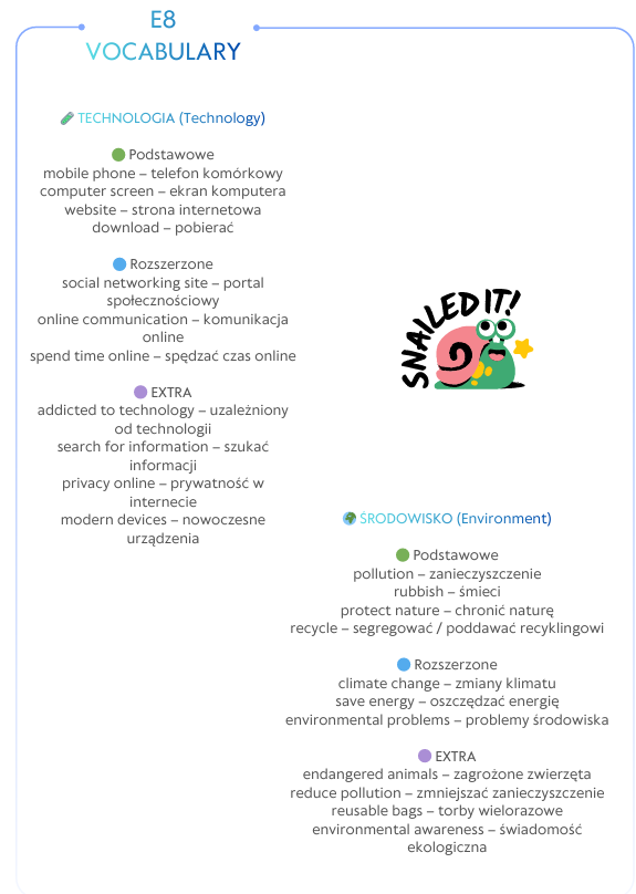 E8 Vocabulary Bank – najważniejsze słówka ze wszystkich działów + Writing Bank