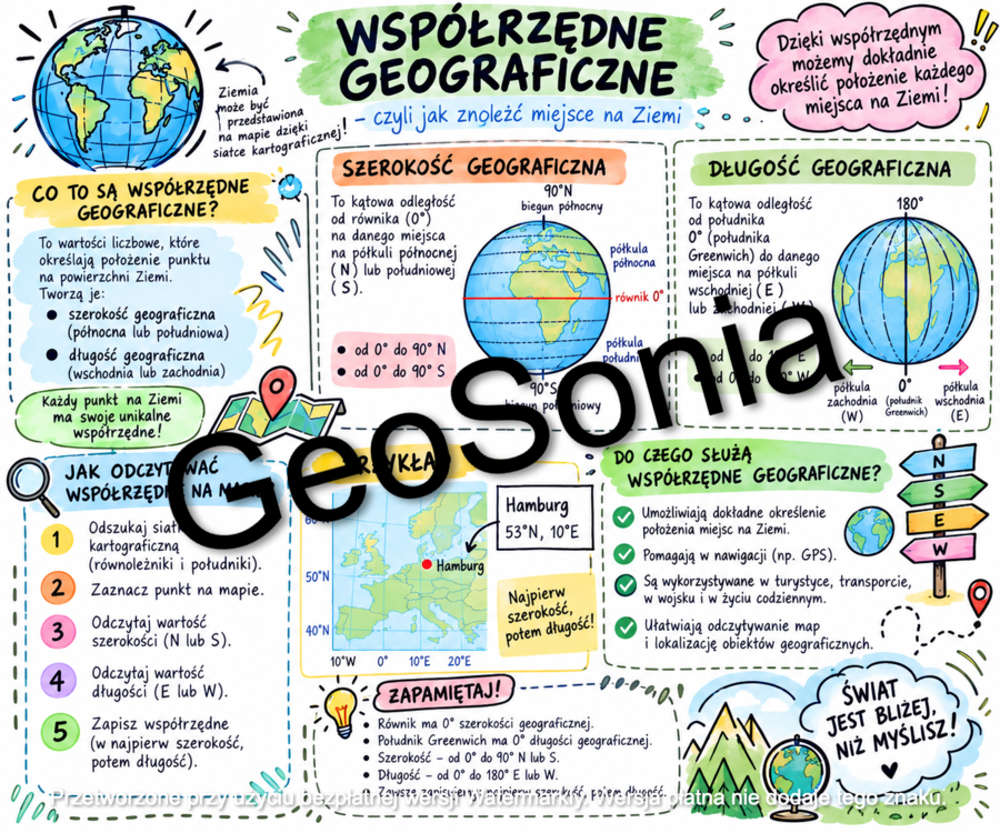 Współrzędne geograficzne - ćwiczenia,  geografia klasa 6 sketchnotka