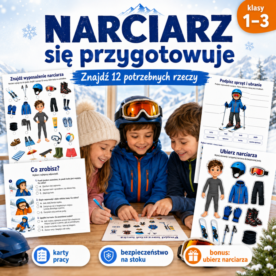 Narciarz się przygotowuje — znajdź 12 potrzebnych rzeczy