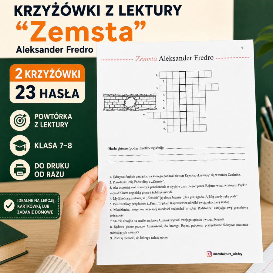 Krzyżówka z lektury „Zemsta” – 2 karty pracy | klasa 7–8 | powtórka i egzamin ósmoklasisty, powtórzenie