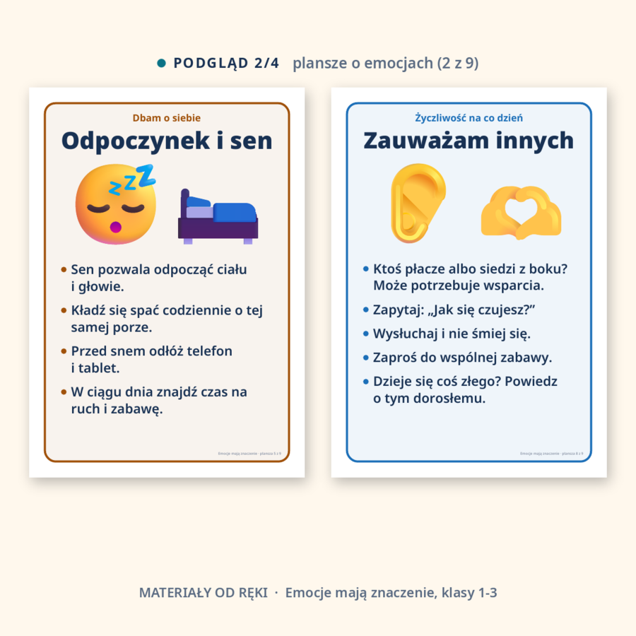 Gazetka Emocje mają znaczenie - jak dbać o siebie i prosić o pomoc, klasy 1-3: napis, 9 plansz o emocjach, odpoczynku i szukaniu pomocy, hasła i dekoracje