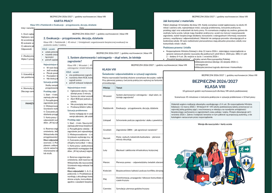 🛡️ BEZPIECZNI 2026/2027 – KLASA VIII - 10 gotowych godzin wychowawczych o bezpieczeństwie