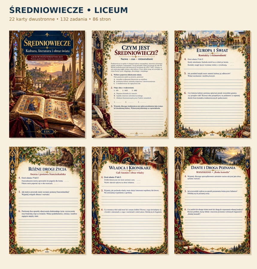 ŚREDNIOWIECZE — epoka literacka | LO | 22 karty dwustronne, 132 zadania, sprawdzian i klucze