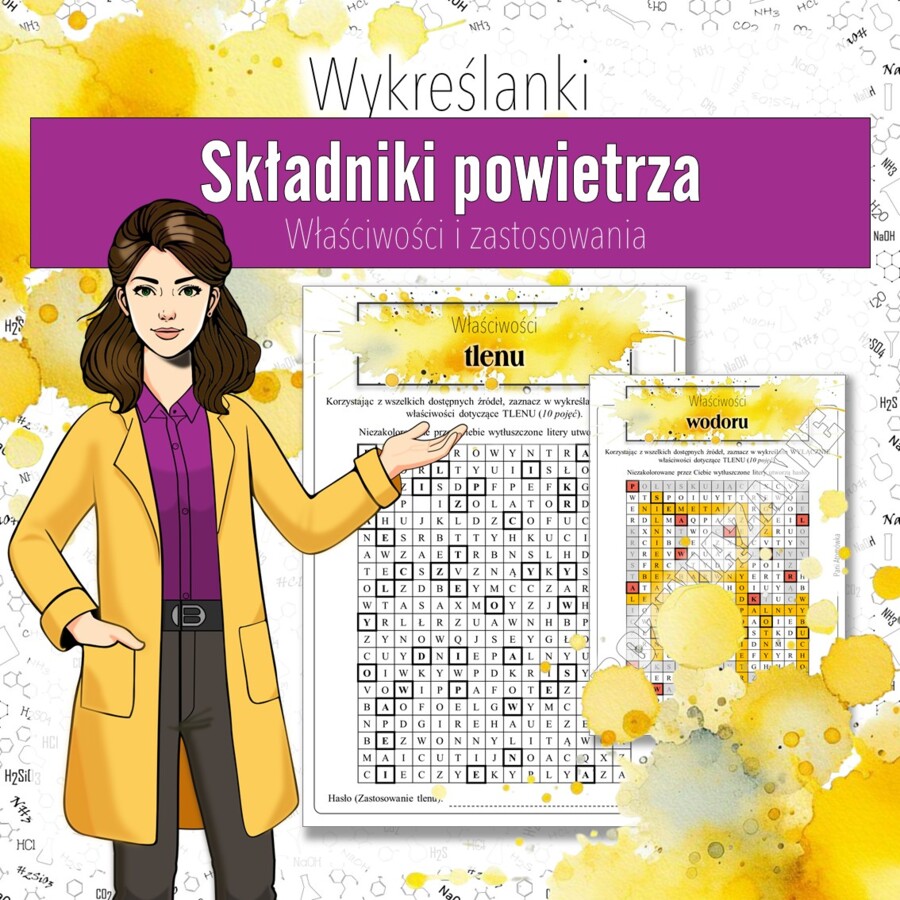 Składniki powietrza, chemia klasa 7 – Kreatywna karta pracy do druku | Właściwości i zastosowania gazów | Wykreślanka chemiczna