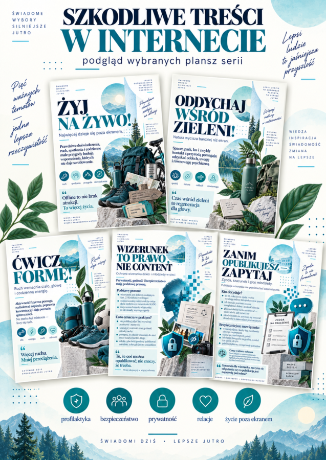 Szkodliwy content w internecie, zagrożenia sieci, hejt, ochrona wizerunku, plakaty, gazetka