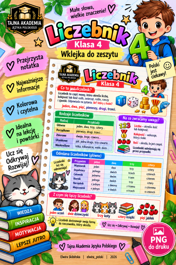 Liczebnik – wklejka do zeszytu | Klasa 4 | Tajna Akademia Języka Polskiego | PNG