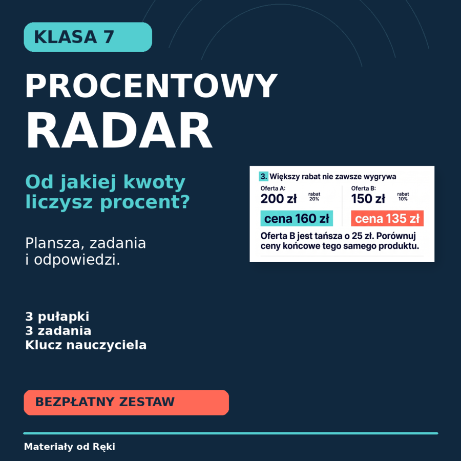 Procentowy radar - 3 pułapki rabatów | matematyka, klasa 7 | plansza i karta pracy