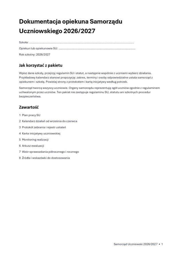DOKUMENTACJA OPIEKUNA SAMORZĄDU UCZNIOWSKIEGO 2026/2027 – plan pracy SU, kalendarz, protokoły, ewaluacja i sprawozdanie | DOCX
