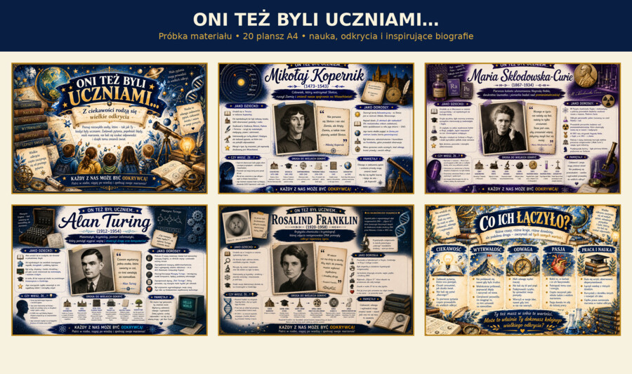 ONI TEŻ BYLI UCZNIAMI – 20 bogato ilustrowanych plansz A4
