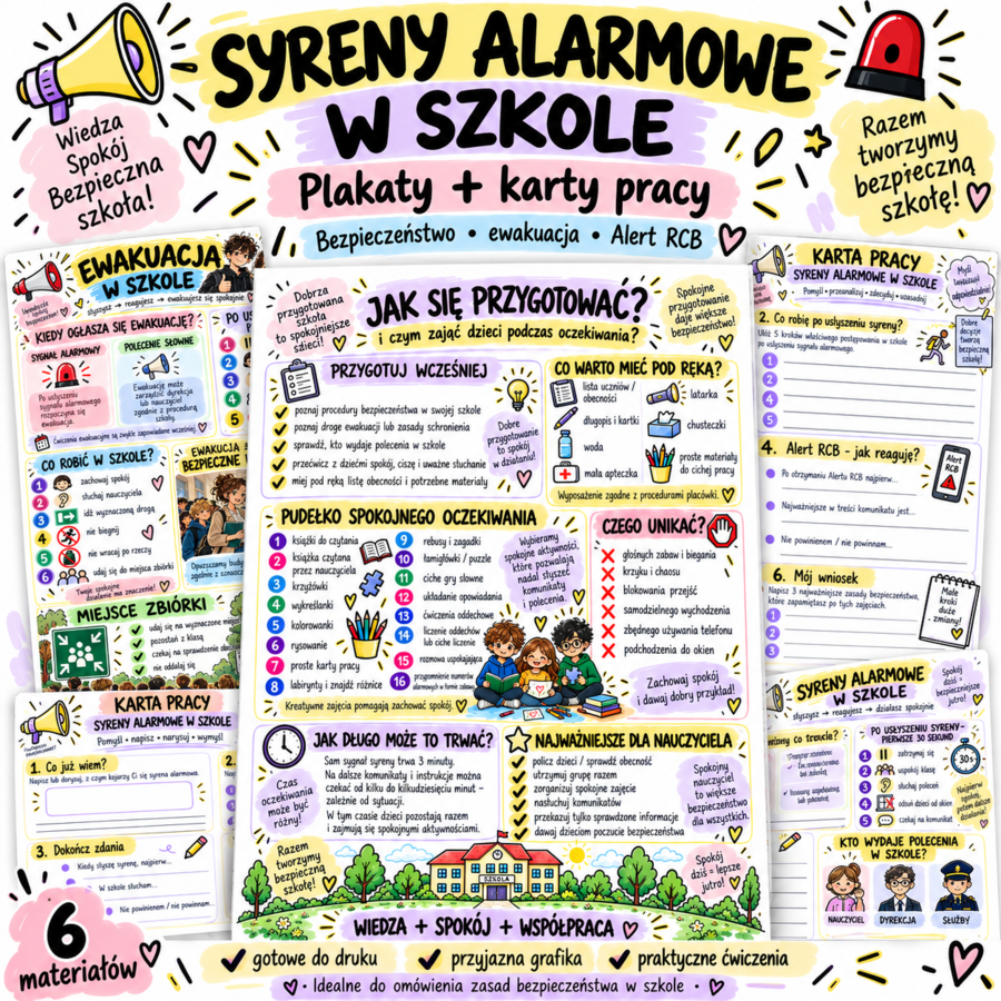 Syreny alarmowe w szkole – plakaty A1 A2 A3 A4 i scenariusz zajęć | Tydzień Bezpieczeństwa Alert RCB bezpieczeństwo uczniów