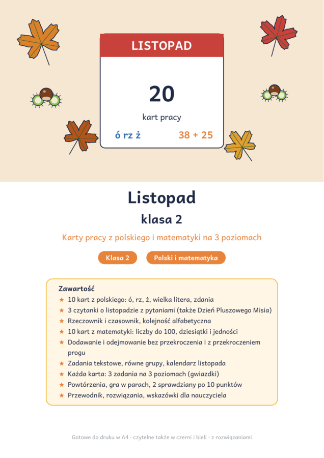 Listopad klasa 2: karty pracy z polskiego i matematyki