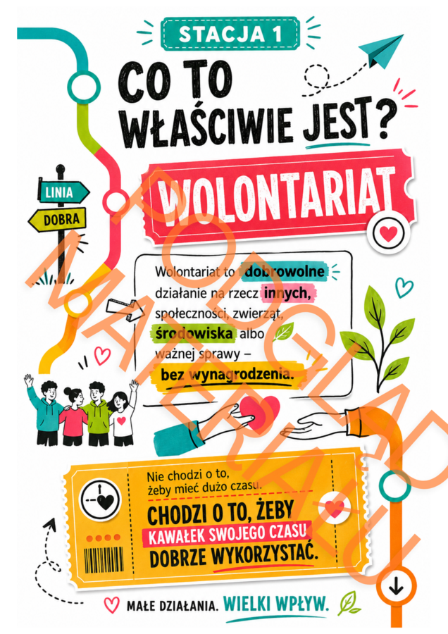 „LINIA DOBRA – WOLONTARIAT” | nowoczesna gazetka szkolna + 9 stacji + napisy w 2 rozmiarach + elementy dekoracyjne | PDF
