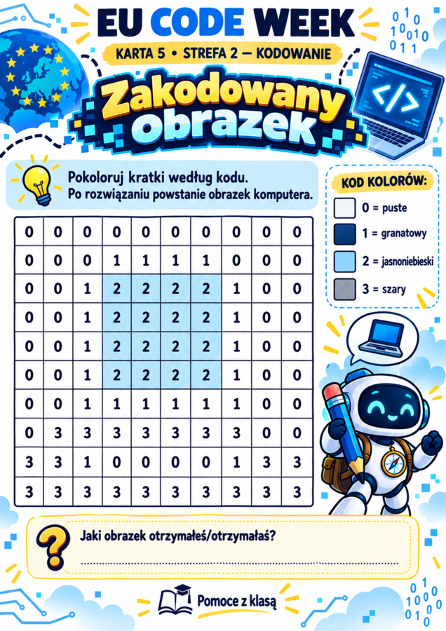 EU Code Week – „Misja: Cyfrowy Odkrywca” | 20 kart pracy + scenariusz + paszport + certyfikat | kl. 4–8