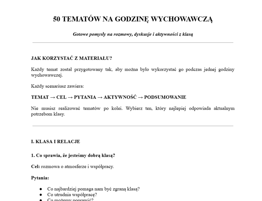 50 tematów na ciekawą  lekcję wychowawczą