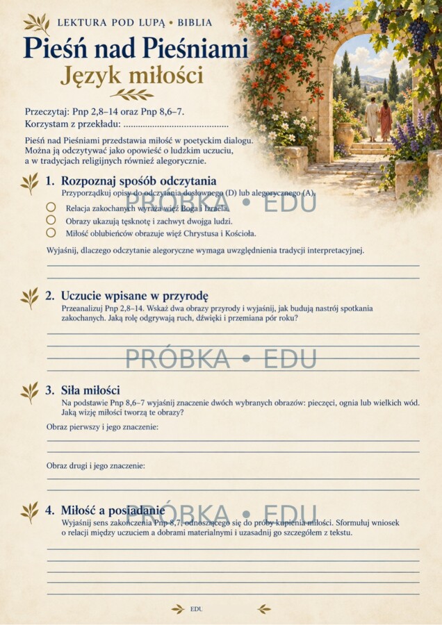 BIBLIA — LEKTURA POD LUPĄ | 15 kart pracy, test i odpowiedzi | szkoła ponadpodstawowa