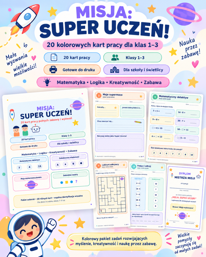 MISJA: SUPER UCZEŃ! – 20 kolorowych kart pracy dla klas 1–3