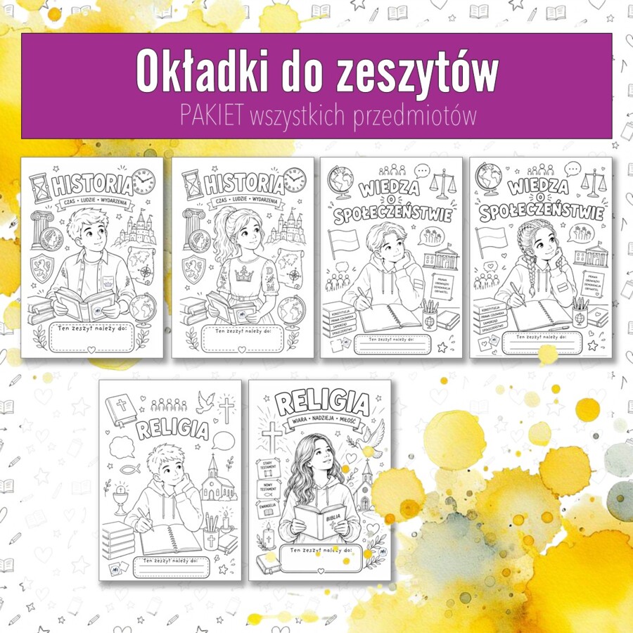 PAKIET okładki do zeszytów. Wklejki na pierwszą stronę z wszystkich przedmiotów.