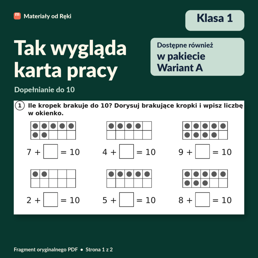 Dopełnianie do 10 - karta pracy z kluczem | Matematyka, klasa 1 | Wariant A