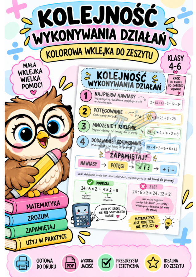 Kolejność wykonywania działań – kolorowa wklejka do zeszytu | Klasy 4–6