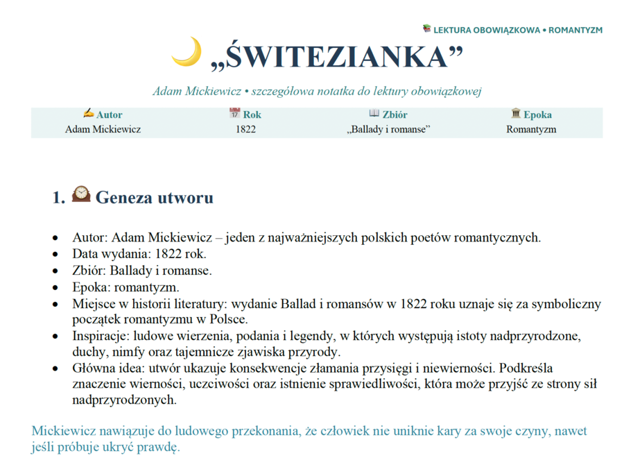 "Świtezianka" A. Mickiewicz - notatka dla ucznia