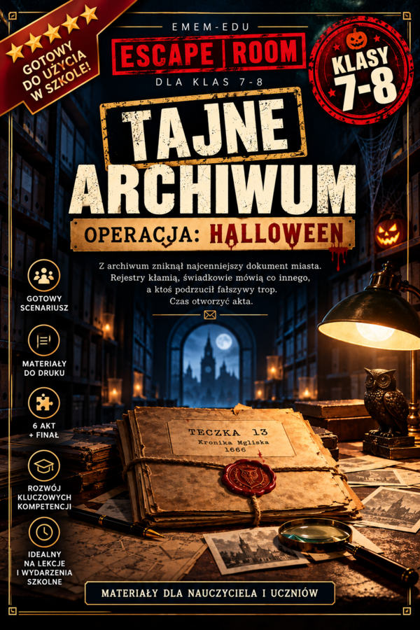 GOTOWY ESCAPE ROOM NA HALLOWEEN! TAJNE ARCHIWUM: OPERACJA HALLOWEEN | KLASY 7–8 | PDF DO DRUKU