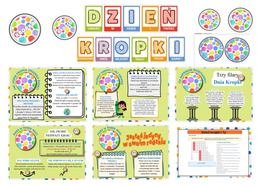DZIEŃ KROPKI – Pakiet Edukacyjno-Dekoracyjny: Baner, Gazetka Szkolna, Zadania + Kropki Mocy (24 str.)