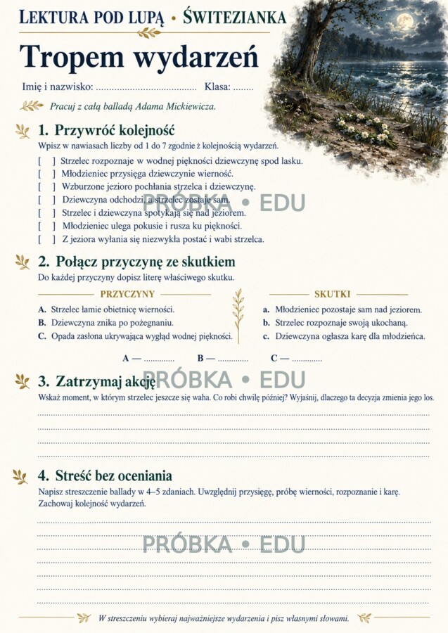 ŚWITEZIANKA — LEKTURA POD LUPĄ | 12 kart pracy, test i odpowiedzi | klasy 7–8