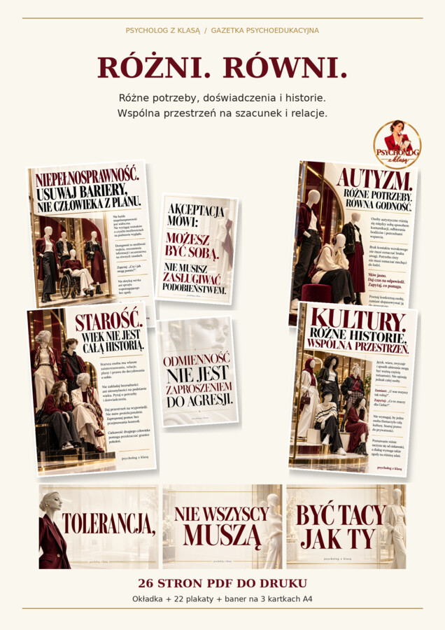 TOLERANCJA. NIE WSZYSCY MUSZĄ BYĆ TACY JAK TY. plakaty, gazetka
