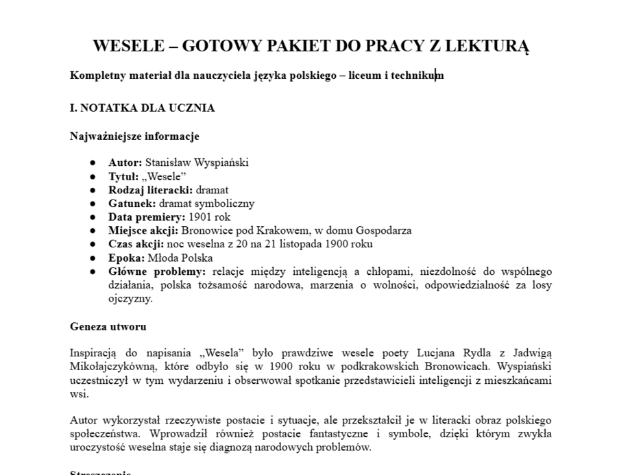 Wesele- praca z lekturą