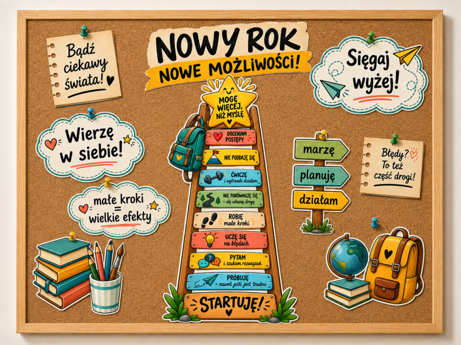 „NOWY ROK – NOWE MOŻLIWOŚCI!” – wielkoformatowa gazetka szkolna | drabina motywacyjna w 2 rozmiarach | 29 stron PDF