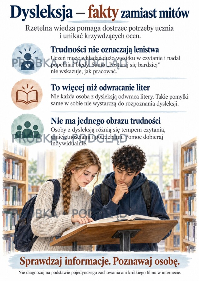 DYSLEKSJA – ZOBACZ WIĘCEJ NIŻ BŁĘDY Gazetka szkolna | 16 plansz A4 | klasy IV–VIII