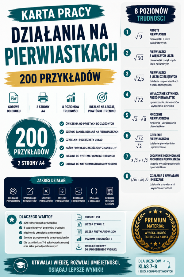 Karta pracy – działania na pierwiastkach | 200 przykładów | PDF do druku