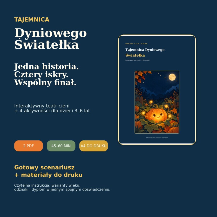 Tajemnica Dyniowego Światełka — Dzień Dyni | scenariusz, teatr cieni i 4 zabawy dla dzieci 3–6 lat