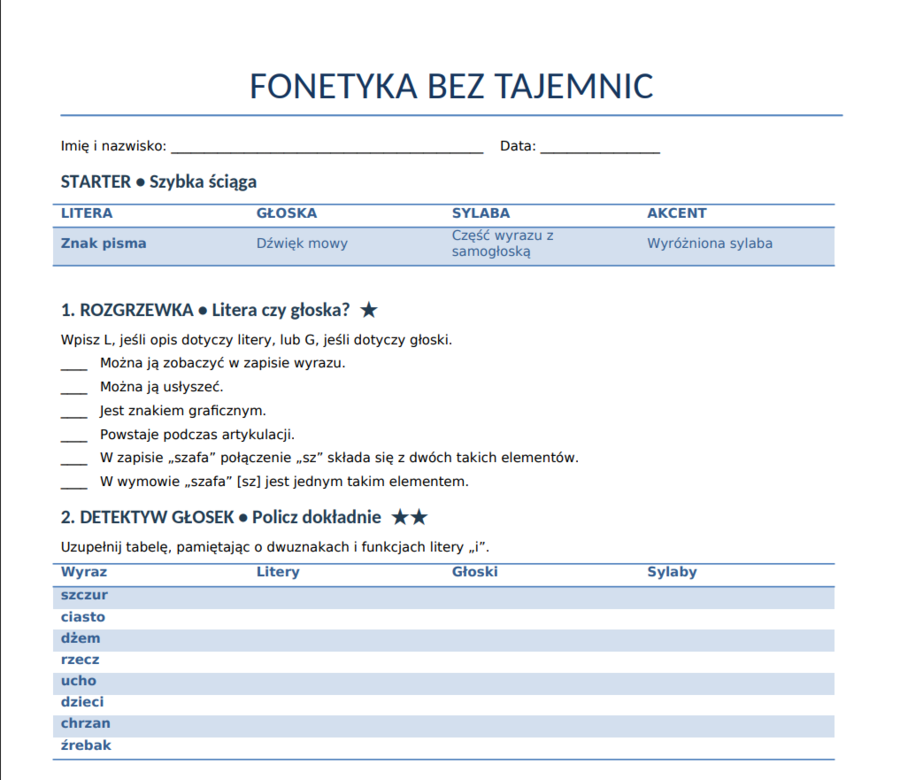 Fonetyka - karta pracy/sprawdzian