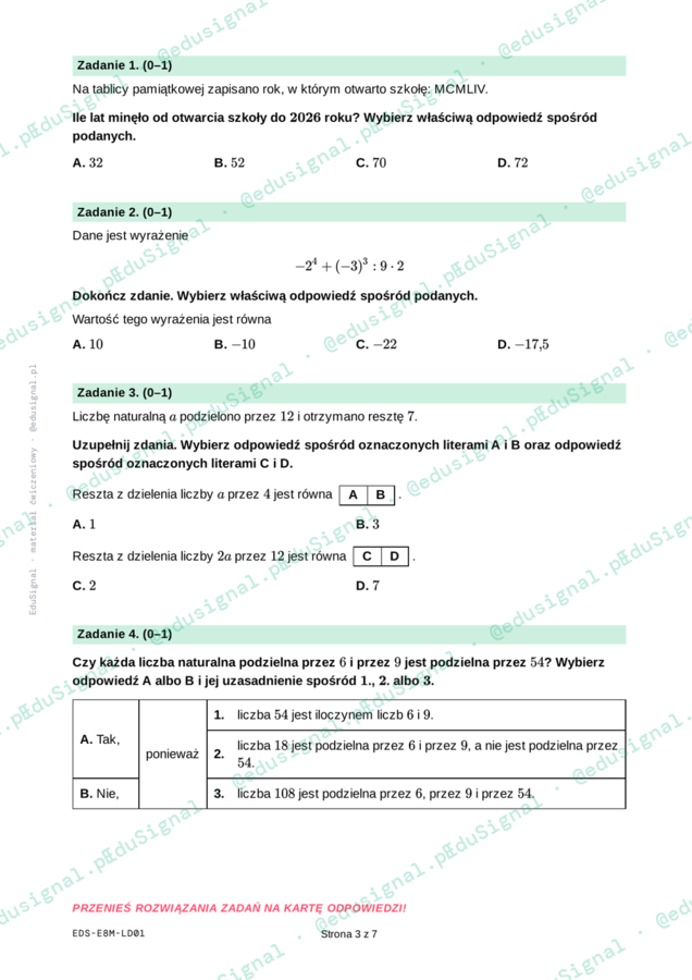 Próbny egzamin ósmoklasisty z matematyki: Liczby i działania , klasa 8 (karta odpowiedzi + zasady oceniania)