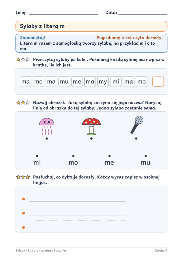Sylaby klasa 1: czytanie i pisanie – karty pracy