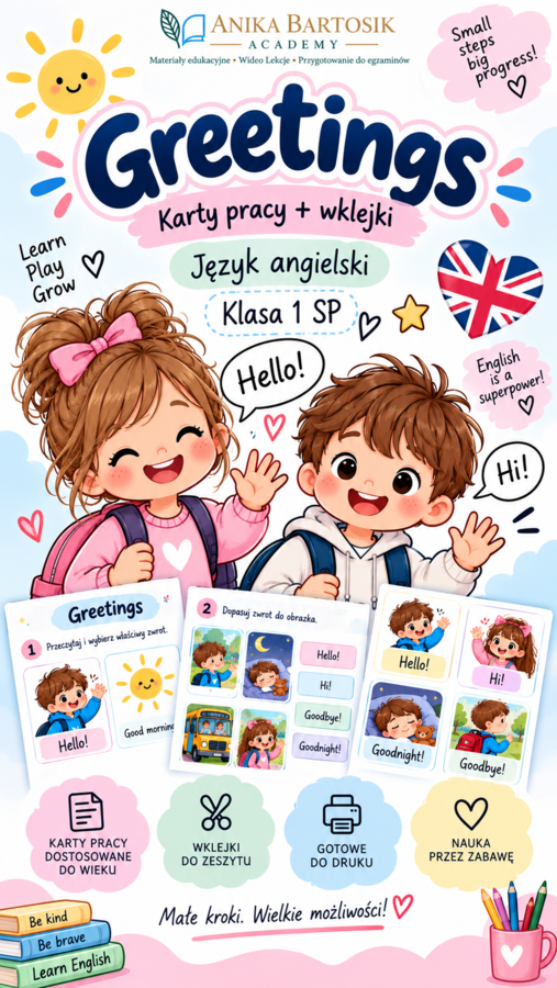 🇬🇧 GREETINGS – karty pracy + wklejki | Język angielski | Klasa 1 SP