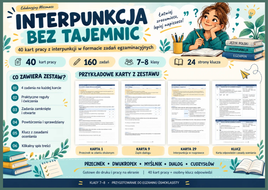 ❓ INTERPUNKCJA BEZ TAJEMNIC – 40 kart pracy z kluczem odpowiedzi | klasy 7–8