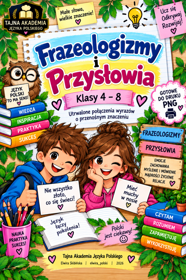Frazeologizmy i przysłowia – wklejka do zeszytu | Klasy 4–8 | Tajna Akademia Języka Polskiego | PNG