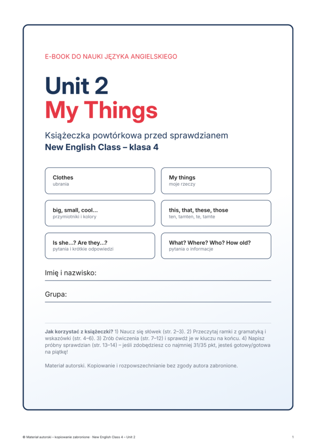 New English Class 4 – Unit 2 My Things | klasa 4 | e-book 15 stron + klucz