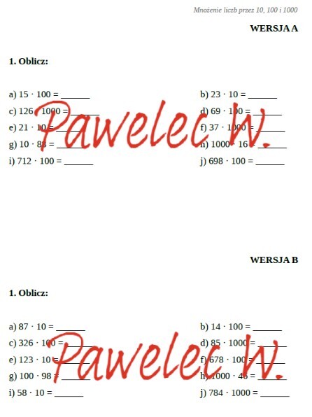 MNOŻENIE PRZEZ 10, 100 i 1000 - karta pracy, kartkówka, kl. 3, kl. 4, kl. 5