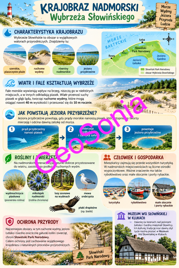 Krajobraz nadmorski Wybrzeża Słowińskiego geografia klasa 5 sketchnotka
