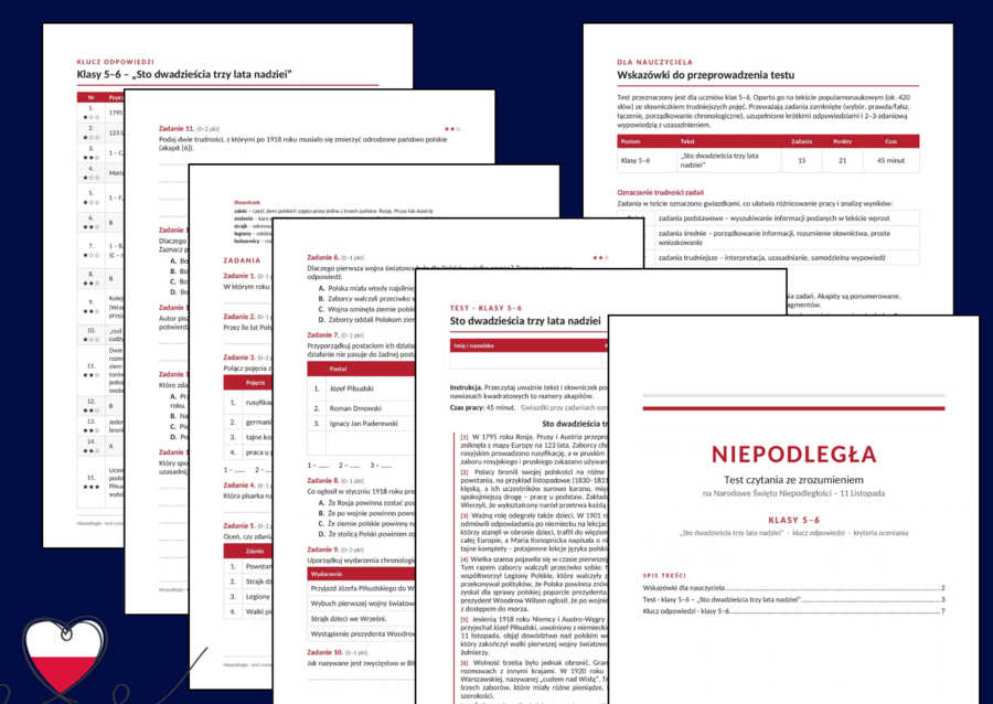 🇵🇱📖 NIEPODLEGŁA – zestaw 3 testów czytania ze zrozumieniem dla klas 4-8 - 11 Listopada - Święto Niepodległości