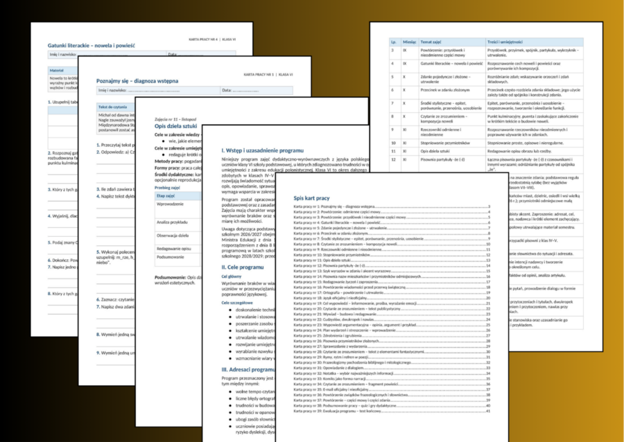 🎓 PROGRAM ZAJĘĆ DYDAKTYCZNO-WYRÓWNAWCZYCH Z JĘZYKA POLSKIEGO dla klasy VI + 39 scenariuszy + 39 kart pracy + klucz odpowiedzi