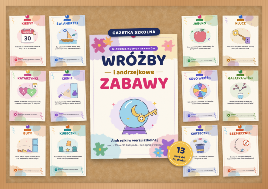 Andrzejki – gazetka szkolna do druku | 13 kart A4 w stylu akwareli dla klas 1–3