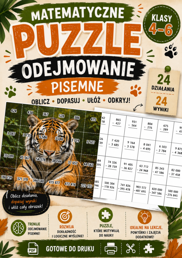 Matematyczne Puzzle – Odejmowanie Pisemne | Działania Pisemne | Klasy 4–6