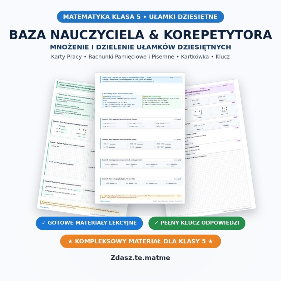 Ułamki Dziesiętne Klasa 5 – Kompletny Mega-Pakiet: Mnożenie i Dzielenie (7 Lekcji + Kartkówka A/B + Klucz)