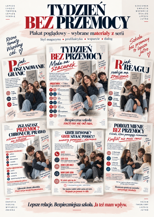 Tydzień bez przemocy! projekt- scenariusz na 7 dni szkolnej akcji, plakaty, karty pracy, gazetka, baner, skrypt na 7 lekcji o przemocy